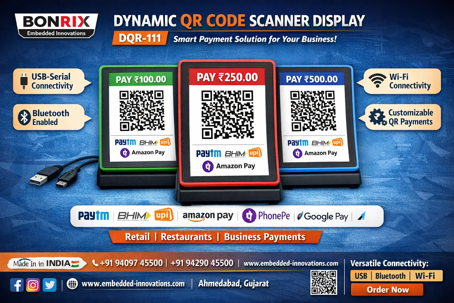 Bonrix DQR-111 Dynamic QR Code Scanner Display with USB Bluetooth WiFi connectivity for UPI payments